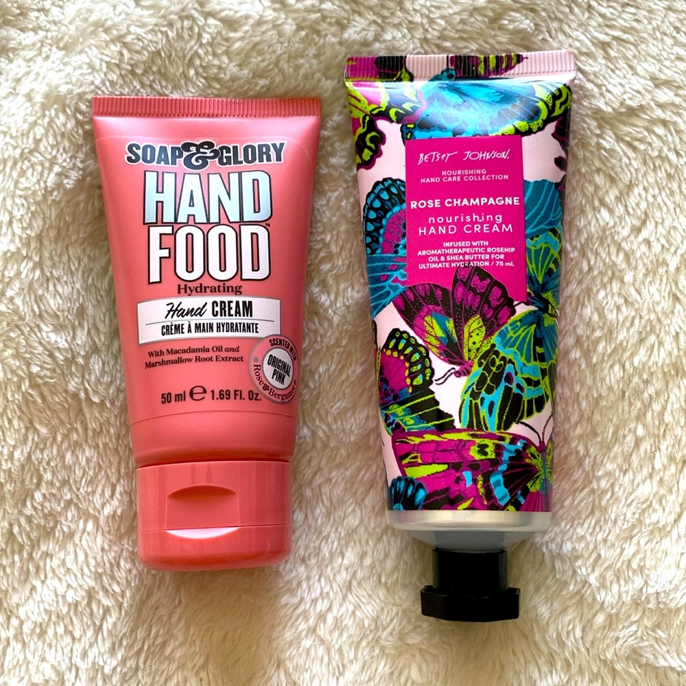 Soap & Glory hand food cream and Betsy Johnson rose champagne hand cream